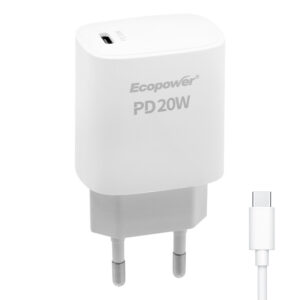 Cargador de Celular Ecopower EP-7050 20W USB-C con Cable Tipo C – Blanco