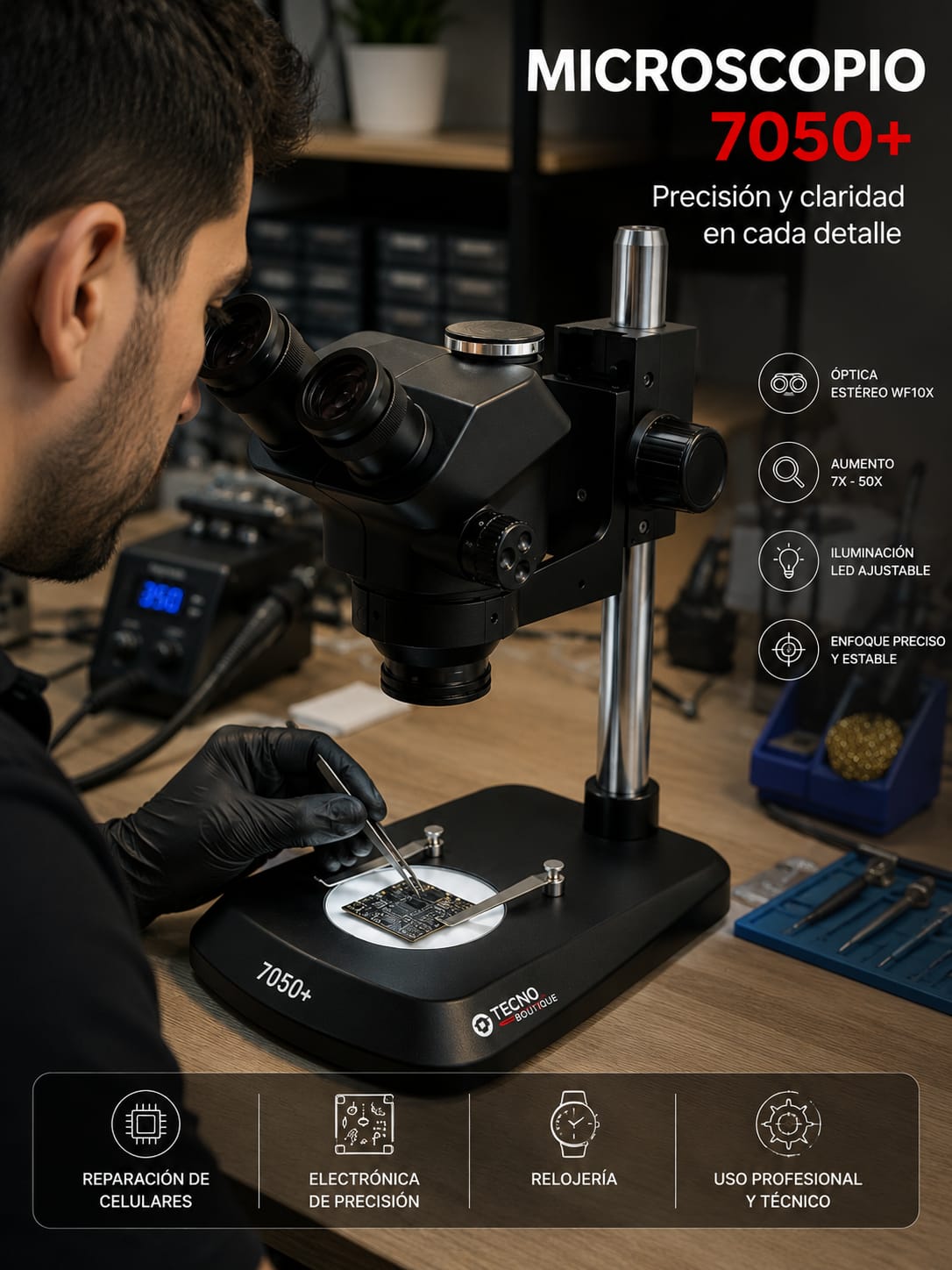 Microscopio Trinocular Profesional para Reparación de Placas 7050+ "De regalo limpiador de contactos 530" - Imagen 2